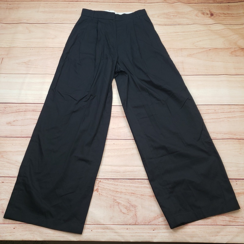 There Was One Pants Womens 38 US 2 Black Wide Leg Pleated Cotton Dress Trousers‎